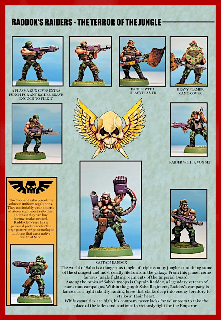 Image featuring multiple miniature figures representing Raddox's Raiders, showcasing different models with weapons like a plasma gun, heavy flamer, and Vox set, alongside a central illustration of Captain Raddox. The background includes descriptive text about the characters and their lore.