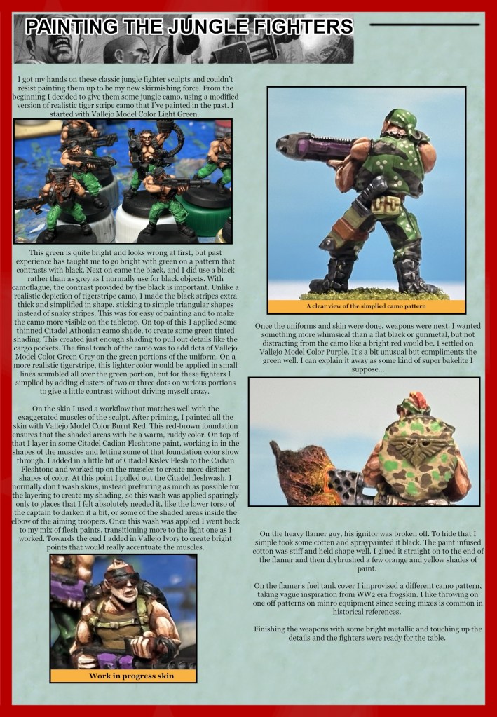 An article about painting jungle fighter miniatures, featuring detailed instructions and showcasing a finished model with a camouflage pattern.