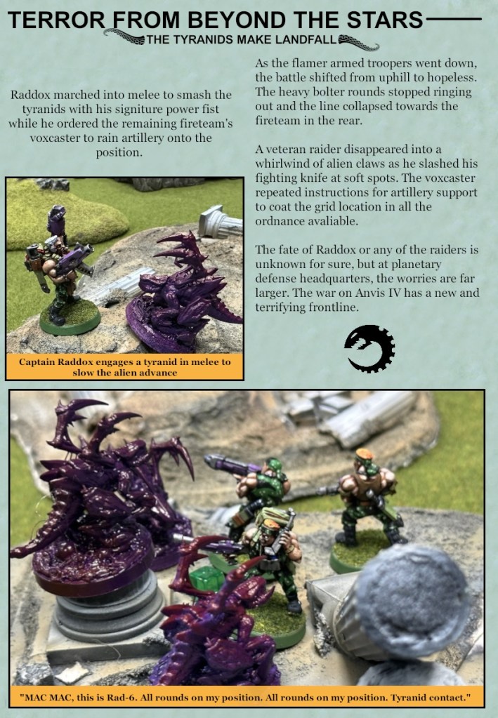 A group of miniature figurines depicting a battle between humans and Tyranids, with Captain Raddox engaged in melee with a Tyranid creature. The scene illustrates an intense combat scenario on a terrain with ruins.