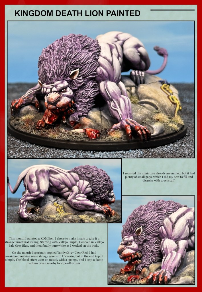 A painted miniature of a lion character from Kingdom Death, featuring a predominantly purple body and detailed texturing. The lion is depicted resting on a rocky base with blood accents on its paws, showcasing intricate painting techniques.