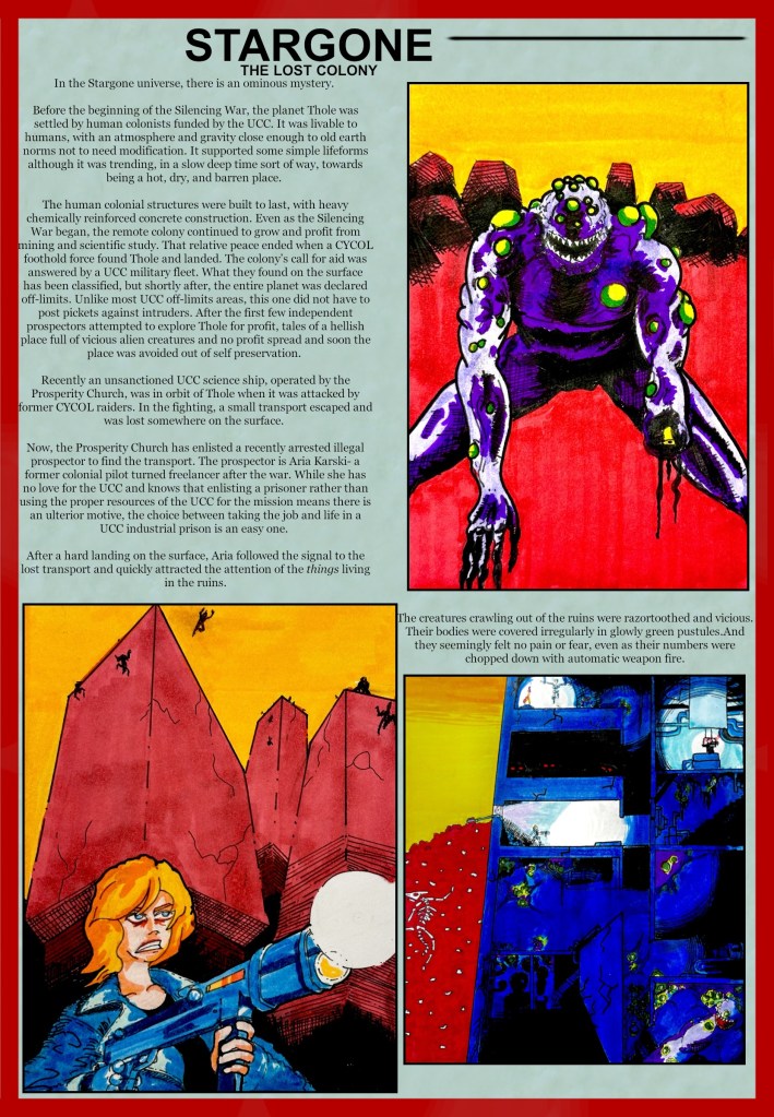 An illustrated page from the STARGONE comic, featuring a vibrant red and blue design. The text discusses the mysterious planet Thole and its human colonization by the UCC, alongside images of a threatening creature and a protagonist wielding a weapon. The art depicts ruins and various monstrous beings, contributing to the sci-fi theme of exploration and danger.