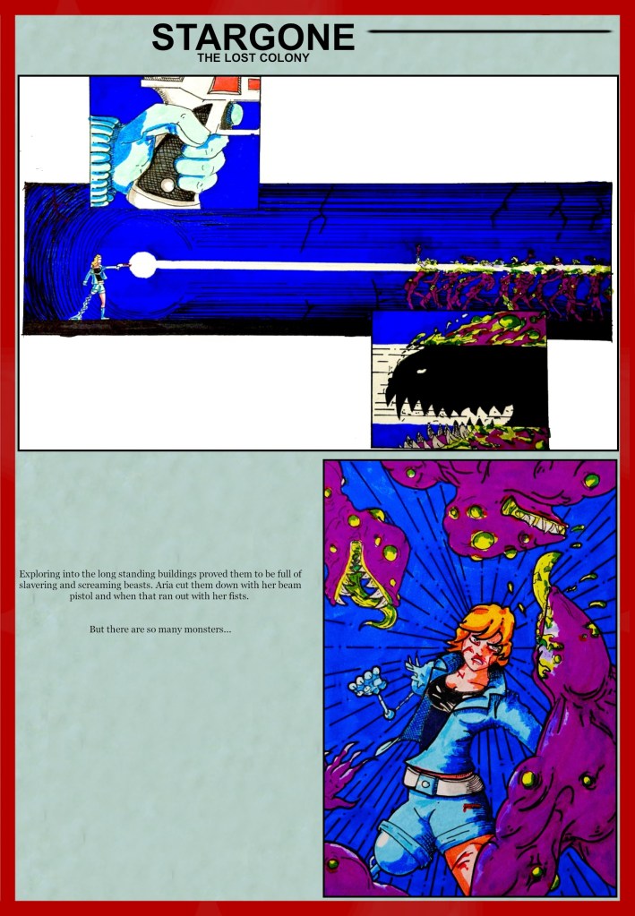 A graphic illustration from 'Stargone: The Lost Colony,' showing a character wielding a beam pistol against various monsters in a sci-fi setting. The scene depicts a dynamic confrontation, highlighting the character's determination amidst colorful, menacing creatures.
