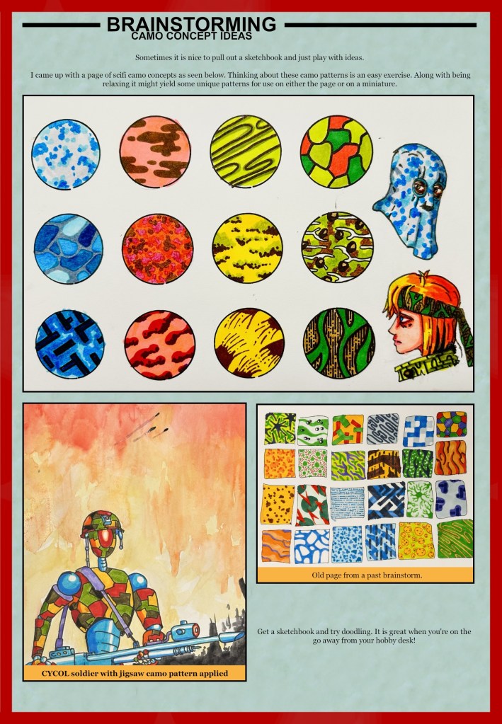 A collage of colorful sci-fi camouflage patterns arranged in circles, accompanied by a vibrant illustration of a soldierified robot named CYCOL with a jigsaw camo pattern applied.